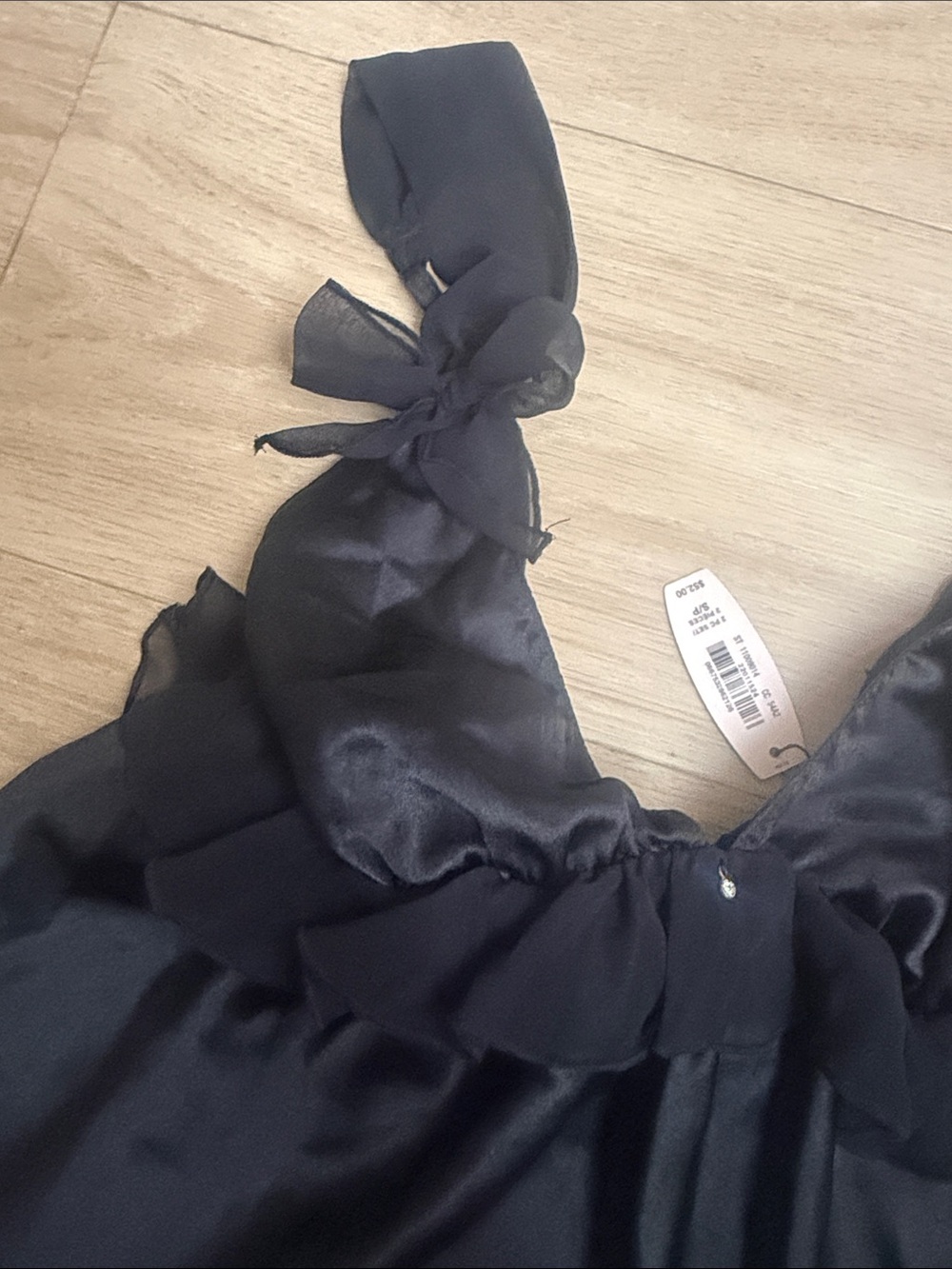 Victoria’s Secret Black Satin Tie-Strap Babydoll Top w/ Ruffles & Bows - Picture 3 of 4
